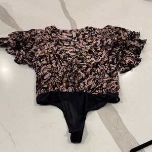 Free People Black and Cream Paisley Bodysuit